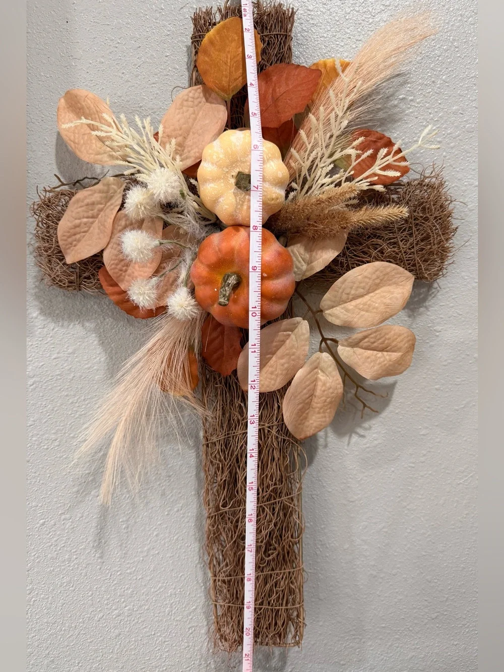Set of 2 Autumn Harvest Pumpkin Wreath & Cross Decor in Orange & Beige